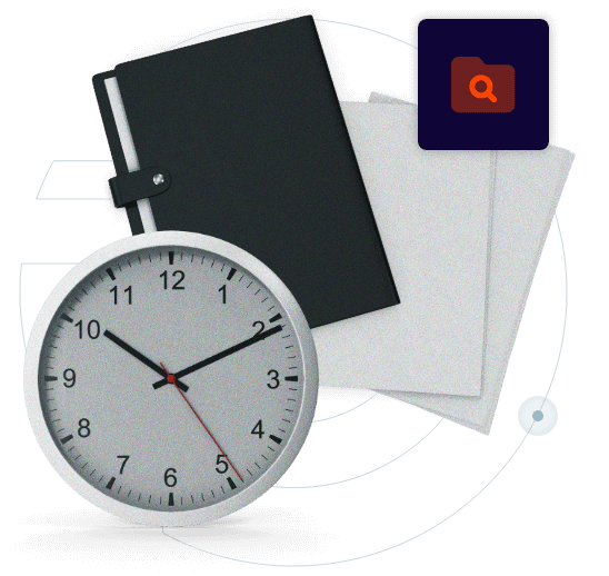 Collage of a clock, folder, papers and an icon