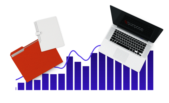 Bar graph with file folders and a laptop